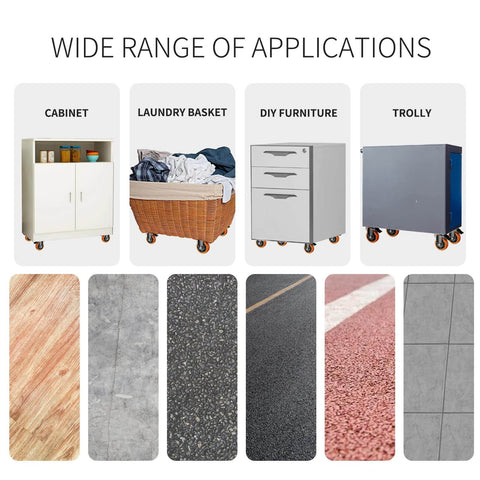 3 Inch Heavy Duty Caster Wheels Set of 4 displayed on cabinets, laundry baskets, DIY furniture, and trolleys on various surfaces.