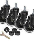 Set of four black 3 Inch Heavy Duty Caster Wheels with M10 25mm Threaded Stem, nuts, and wrench for furniture and equipment.