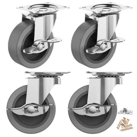 3" Caster Wheels Set of 4 - Heavy Duty Swivel Plate Casters with Rubber Wheels, Locking Brake Castors for Furniture, Carts, and Workbench.