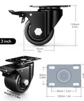 3 Inch Heavy Duty Casters Set of 4, Load 4400lbs, Locking Swivel Plate Industrial Casters with dimensions and features