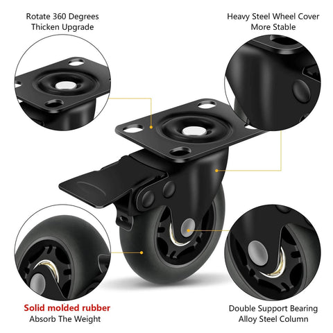 3" Casters Set of 4 - Heavy Duty Quiet Casters, Max Load 2000 lbs, Soft Wheels for Carts, Glide Smoothly and Protect Floors, Locking Furniture Casters.
