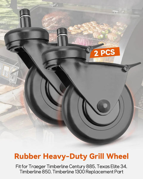 3-Inch Rubber Heavy-Duty Grill Wheel With Brake, 2-Piece Caster Wheel Replacement For Pellet Grills Including Timberline 1300 850
