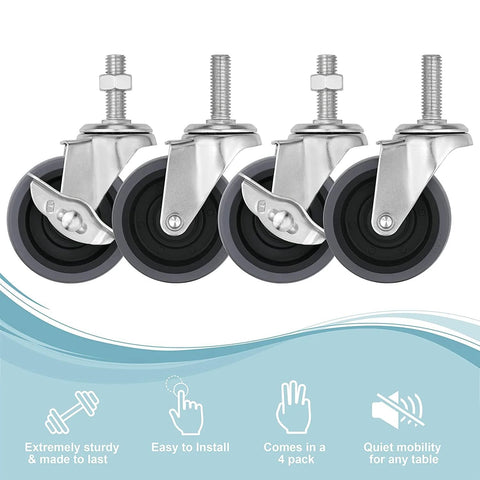 Locking Stem Caster Wheels Set Of Four Three Inch Heavy Duty Swivel Castors With Five Sixteenth Inch Stem Diameter And One And A Half Inch Stem Length Gray Finish Side Lock Brake 150 Lb Load Per Wheel 600 Lb Total Capacity, front view.