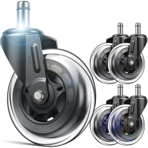 Office Chair Wheels Replacement 3 Inch Heavy Duty Rubber Caster Wheels For Hardwood Floors And Carpet, Quiet And Safe Rolling Chair Wheels Set Of 5, Universal Fit, Easy Installation, Lifetime Warranty