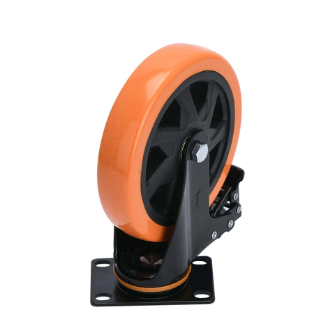 Close-up of 3 inch heavy duty plate swivel caster wheel set of 4 with safety brakes silent non marking PVC wheels rated 1800 lb
