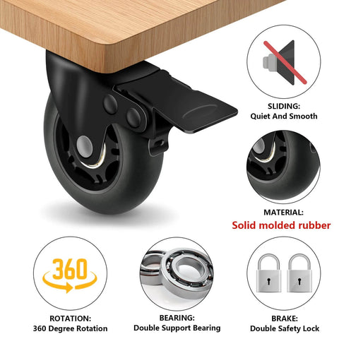 3" Casters Set of 4 - Heavy Duty Quiet Casters, Max Load 2000 lbs, Soft Wheels for Carts, Glide Smoothly and Protect Floors, Locking Furniture Casters.