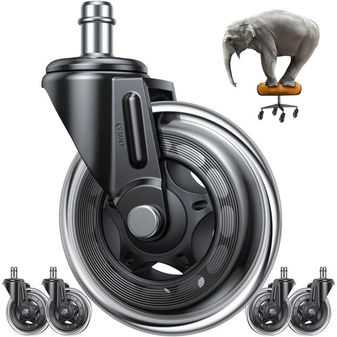 Office Chair Wheels Replacement 3 Inch Heavy Duty Rubber Caster Wheels For Hardwood Floors And Carpet, set of 5