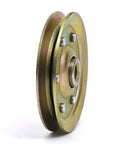 Side view of a 3-inch steel sheave pulley, compatible with LiftMaster Sears Craftsman, supports 200 lb load, replacement for garage doors.