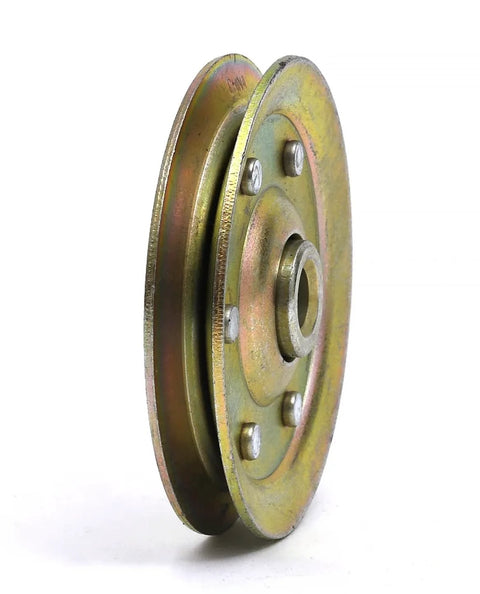 Side view of a 3-inch steel sheave pulley, compatible with LiftMaster Sears Craftsman, supports 200 lb load, replacement for garage doors.