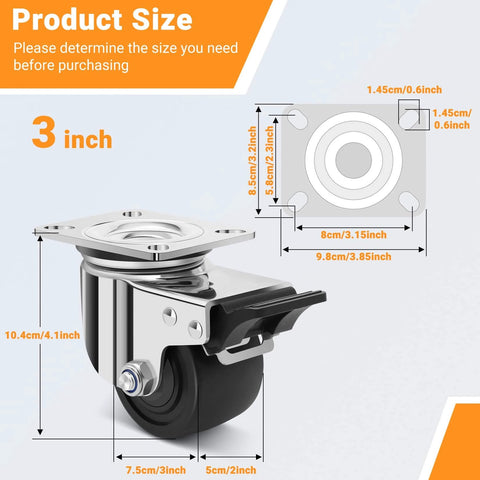 3 inch heavy duty stainless steel low profile caster wheels made from SUS 304, industrial casters with brakes and nylon wheels in a 4 pack size diagram.