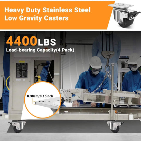 3 inch heavy duty stainless steel low profile caster wheels made from SUS 304, industrial casters with brakes, 4400 lbs capacity, 4 pack.