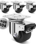 3 inch heavy duty stainless steel low profile caster wheels made from SUS 304, industrial casters with brakes and nylon wheels in a 4 pack close-up view.