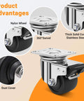 3 inch heavy duty stainless steel low profile caster wheels made from SUS 304, showing nylon wheel, 360° swivel, and dust cover.