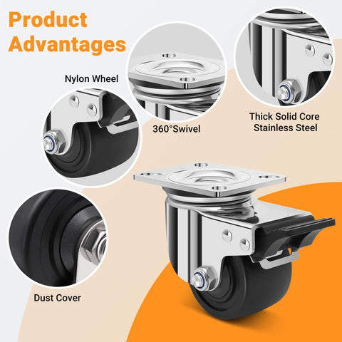 3 inch heavy duty stainless steel low profile caster wheels made from SUS 304, showing nylon wheel, 360° swivel, and dust cover.