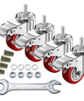 Three Inch Heavy Duty Stem Casters 360 Degree Swivel Durable PVC Wheels With Three Eighths Inch By Sixteen Threads Per Inch One Inch Length Dual Safety Locks And Bearings Easy To Install For Furniture And DIY Tools shown with wrench and bolts