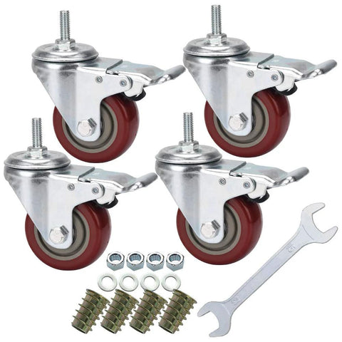 Image showing a set of four Three Inch Heavy Duty Stem Casters 360 Degree Swivel Durable PVC Wheels with accessories included.