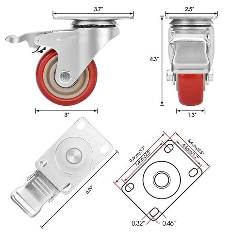 Diagram of 3 Inch Heavy Duty Industrial Swivel Caster Wheels with Brake, showing measurements and design features, includes 1600 lb capacity details.