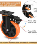 Close-up of a 3 inch heavy duty plate swivel caster wheels set of 4 with safety brakes silent non marking PVC wheels showing dual locking mechanism.