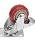 3 Inch Heavy Duty Industrial Swivel Caster Wheels with Brake, red polyurethane, metal base, side view of locking caster