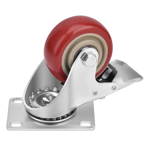 3 Inch Heavy Duty Industrial Swivel Caster Wheels with Brake, red polyurethane, metal base, side view of locking caster