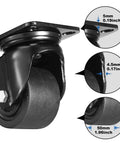 Close-up view of 3 Inch Plate Swivel Caster Wheels Heavy Duty Set of 4 with low gravity center design black nylon wheels and brakes.