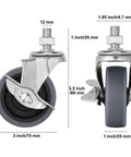 3 Inch Caster Wheels Set Of Four With Side Brake Heavy Duty Swivel Casters For Workbenches Carts And Shelving Units 600 Lb Per Wheel Load Capacity M12 1.75 By 25 Mm Threaded Stem Quiet Non Marring Replacement showing dimensions and side view