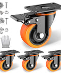 3 inch heavy duty caster wheels set of 4 with locking brakes, polyurethane wheels, hardware kits, gloves, and tools included