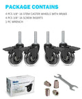 Three Inch Industrial Swivel Locking Caster Set Of Four With Three Eighths Inch Sixteen UNC Threaded Stem One And A Half Inch Long For Carts Dollies Workbenches And Trolleys Includes Furniture Screw Inserts And Brakes, shown with accessories including wrench and inserts.