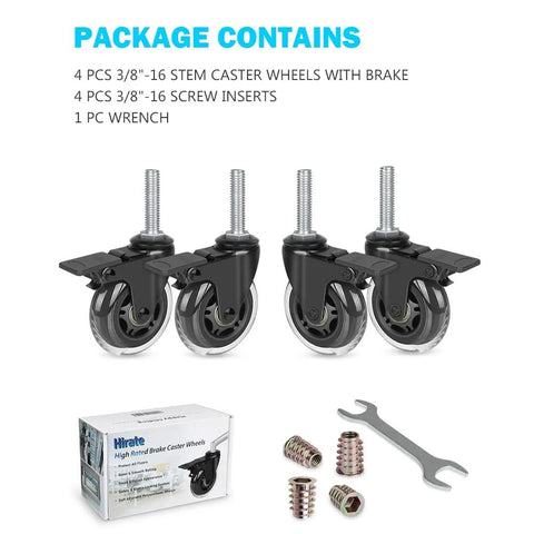 Three Inch Industrial Swivel Locking Caster Set Of Four With Three Eighths Inch Sixteen UNC Threaded Stem One And A Half Inch Long For Carts Dollies Workbenches And Trolleys Includes Furniture Screw Inserts And Brakes, shown with accessories including wrench and inserts.