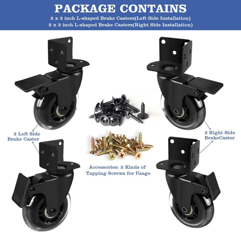3 Inch L Shaped Plate Swivel Caster With Brake Side Mount Quiet Non Marking Polyurethane Wheels 600 Lb Capacity Set Of 4