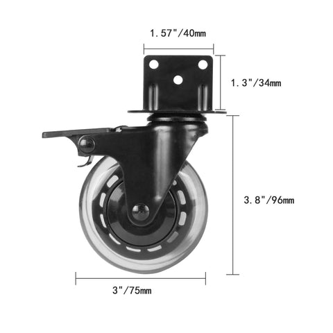 3 Inch L Shaped Plate Caster, side view, with measurements for 4 Pack Side Mount Lockable Furniture Caster Wheels With Non Marking Polyurethane