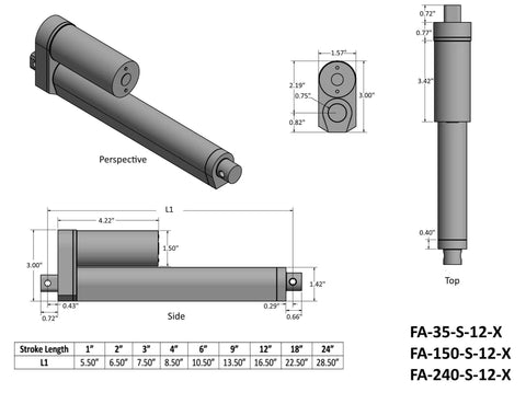 Technical diagram of a 3 Inch Stroke Light Duty Linear Actuator with measurements and model numbers, showing side and top views.