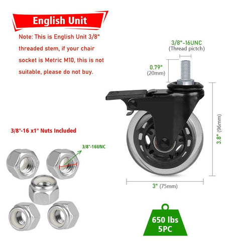 Brake Caster With Three Eighths Inch 16UNC Threaded Stem, Heavy Duty 3 Inch Lockable Bearing Caster With Lock Nuts For Office Chairs And Home Furniture, Set Of 5