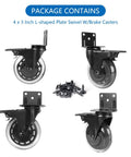 3 Inch L Shaped Plate Casters, 4 Pack Side Mount Lockable Furniture Caster Wheels With Non Marking Polyurethane