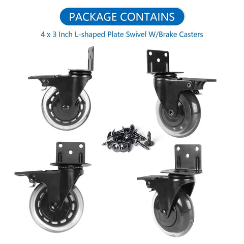 3 Inch L Shaped Plate Casters, 4 Pack Side Mount Lockable Furniture Caster Wheels With Non Marking Polyurethane