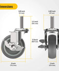 Dimensions of 3 Inch Locking Caster Wheels Set of 4 with Threaded Stem 3/8-16 x 1-1/2, showing measurements and gray rubber wheels.