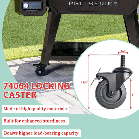3 Inch Locking Caster Wheels 2 Pack Replacement Stem Casters For Pellet Smokers And Grills Direct Fit For Pit Boss Pro Series 1100 850 1600 700 Series Navigator Austin XL And Louisiana Grills product image with close-up diagram and grill setup.