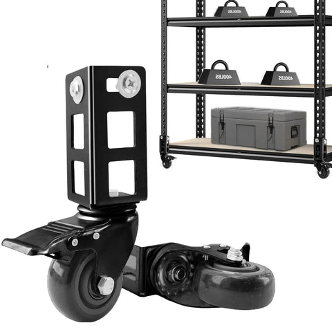 4 Pack 3 Inch Heavy Duty Locking Caster Wheels For Storage Racks And Boltless Shelving, 500Lb Capacity shown in close-up with racks