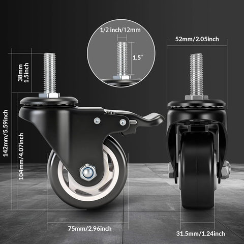 3 Inch Heavy Duty Caster Wheels Set Of 4 With Threaded Stem For Furniture And Workbenches Half Inch Diameter And 13 Threads Per Inch Locking Casters Non Marking PU Wheels Smooth Rolling Industrial Castors Each Up To 400 Pounds shown in front and side view with dimensions