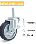 3 Inch Caster Wheels Locking Stem Casters Set Of 4 Threaded Stem Size 3 8 Inch 16 UNC By 1 2 Inch Heavy Duty Steel Housing Coffee Rubber Wheel Swivel Castors For Furniture And Carts With Side Brake with included accessories like wrench and nuts.