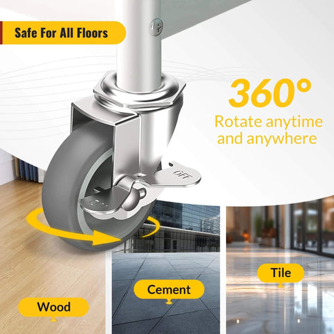 3 Inch Locking Swivel Caster Wheels Set of 12 with Threaded Stem 3/8-16 x 1-1/2 Inch on various floor surfaces.