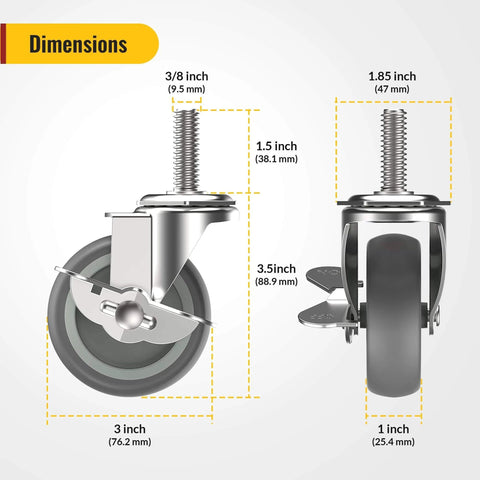 Dimensions of 3 Inch Locking Swivel Caster Wheels Set of 12 with Threaded Stem 3/8-16 x 1-1/2 Inch, Heavy Duty Gray Casters