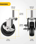 Dimensions of 3 Inch Locking Swivel Caster Wheels Set of 12 with Threaded Stem 3/8-16 x 1-1/2 Inch, Heavy Duty Black Steel Casters.