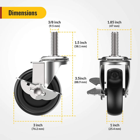 Dimensions of 3 Inch Locking Swivel Caster Wheels Set of 12 with Threaded Stem 3/8-16 x 1-1/2 Inch, Heavy Duty Black Steel Casters.