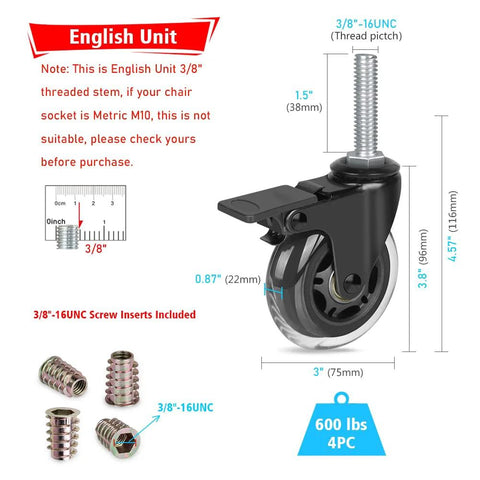 Front view of Three Inch Industrial Swivel Locking Caster Set Of Four With Three Eighths Inch Sixteen UNC Threaded Stem, brake, and inserts.