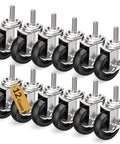 3 Inch Locking Swivel Caster Wheels Set of 12 with Threaded Stem 3/8-16 x 1-1/2 Inch, Heavy Duty Black Steel Casters