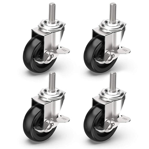 3 Inch Locking Swivel Caster Wheels Set of 12 with Threaded Stem 3/8-16 x 1-1/2 Inch, Heavy Duty Black Steel Casters at different angles.