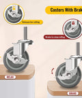 Illustration showing 3 Inch Locking Caster Wheels Set of 4 with Threaded Stem 3/8-16 x 1-1/2, with swivel casters and side brakes in use.
