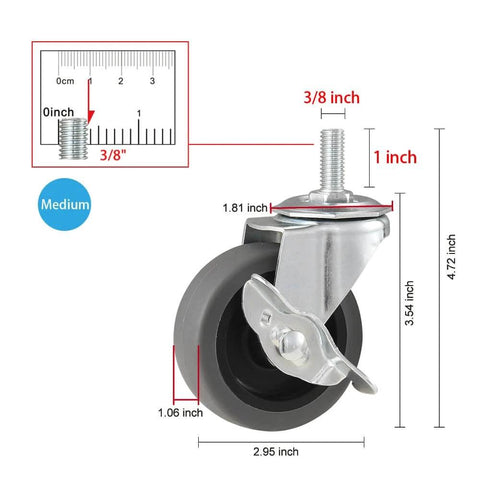 3 Inch Locking Swivel Stem Caster Wheels Set of 4 with 3/8-16 x 1 Threaded Stem and rubber wheel dimensions