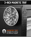 3-inch round magnetic tray holding metal screws against a black surface